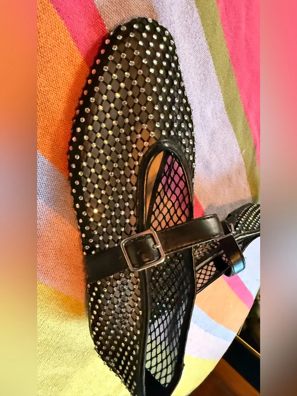 Steve Madden Black Mesh Mary Jane Flats with Crystal Stud Accents